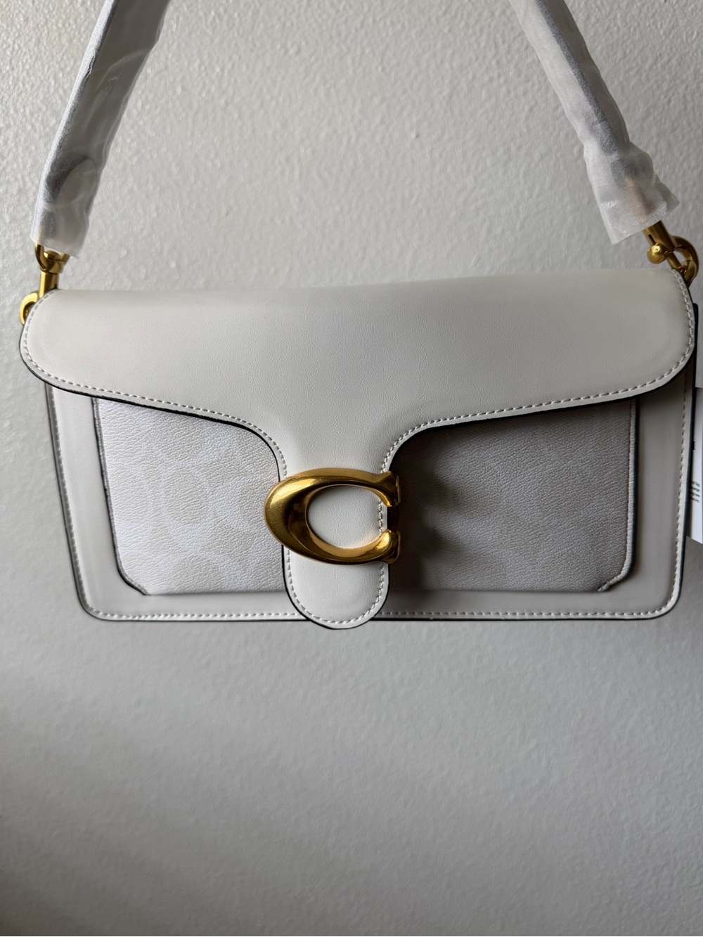 White Leather Shoulder Bag with Gold Accent